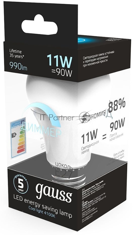 Лампа cветодиодная Gauss LED A60-dim E27 11W 990lm 4100К SQ102502211-D