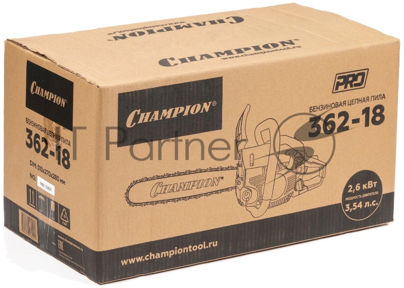 Бензопила Champion 362-18" 0,325-1,5-72 2,6 кВт 61,5 см3 легкий старт 5,2 кг