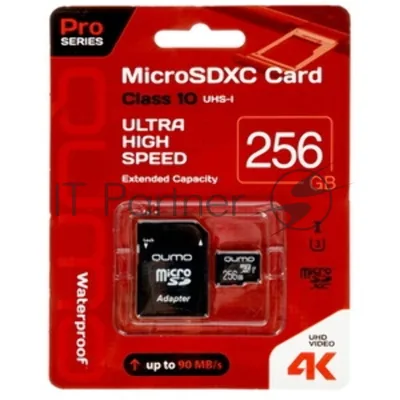 Флеш карта QUMO MicroSDXC 256 Gb 90/70 МБ/с UHS-I U3, Pro seria 3.0, адаптер в комплекте SD, красная картонная упаковка (QM256GMICSDXC10U3)