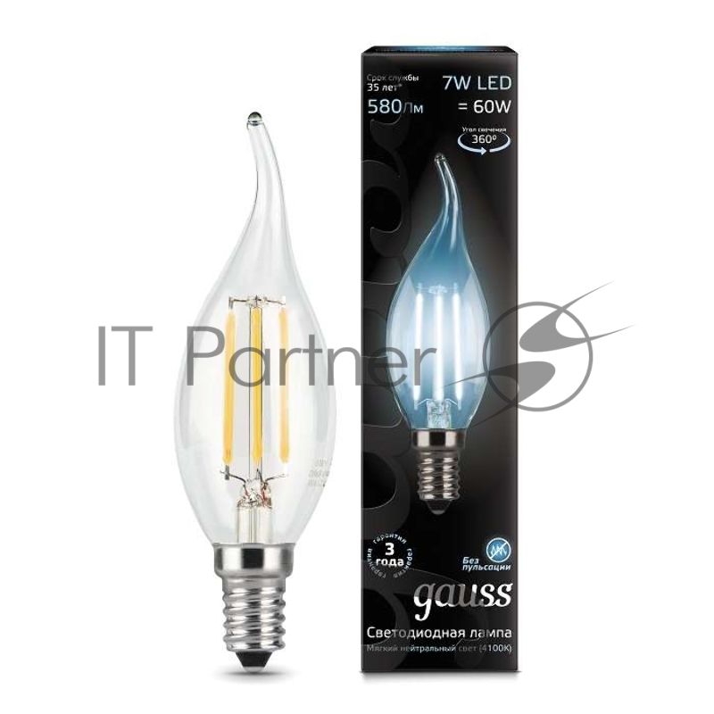 Лампа светодиодная Gauss LED Filament Свеча на ветру E14 7W 580lm 4100К 1/10/50