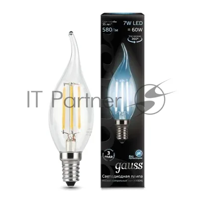 Лампа светодиодная Gauss LED Filament Свеча на ветру E14 7W 580lm 4100К 1/10/50