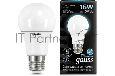 Лампа светодиодная Gauss LED A60 16W E27 1470lm 4100K 1/10/50
