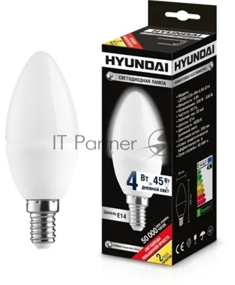 Лампа светодиодная Hyundai LED02-C35-4W-4.5K-E14 (белый свет) cерия Candle (уп-ка 20/100 шт)