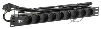 Блок розеток 9 розеток ITK PH22-9D1 PDU нем. ст, 1U, шнур 2м вилка нем. ст ал.проф