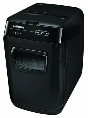 Шредер Fellowes AutoMax 150C FS-46801(01/02)* (секр.P-4)/фрагменты 4x38 мм,/150лист./32лтр./Уничт:скрепки, скобы, пл.карты,CD диски