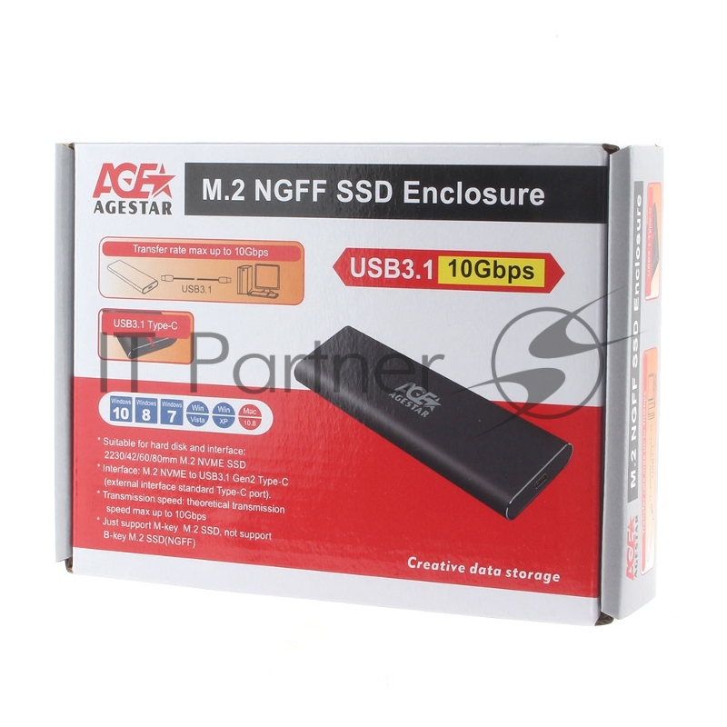 Внешний корпус USB 3.1 Type-C M.2 NVME (M-key) AgeStar 31UBNV1C (GRAY), алюминий, черный