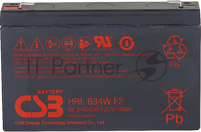 Аккумулятор 6V 9Ah CSB HRL634W (HRL634WF2FR) клеммы F2, огнеупорные