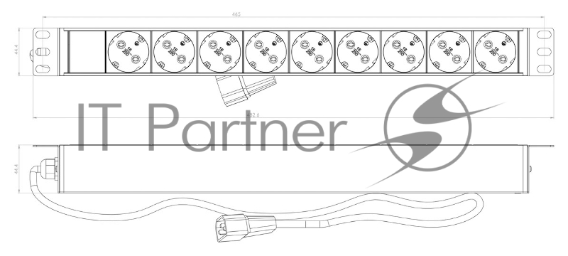 Hyperline SHE19-9SH-2.5IEC Блок розеток для 19" шкафов, горизонтальный, 9 розеток Schuko (10A), 250В, кабель питания 3х1.0мм2, длина 2.5 м, с вилкой IEC 320 C14, 482.6x44.4x44.4мм (ДхШхВ)