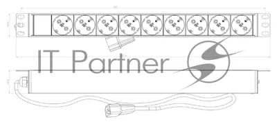 Hyperline SHE19-9SH-2.5IEC Блок розеток для 19" шкафов, горизонтальный, 9 розеток Schuko (10A), 250В, кабель питания 3х1.0мм2, длина 2.5 м, с вилкой IEC 320 C14, 482.6x44.4x44.4мм (ДхШхВ)