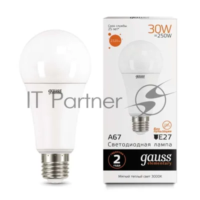 Лампа светодиодная LED Gauss Elementary A67 30Вт E27 3000К