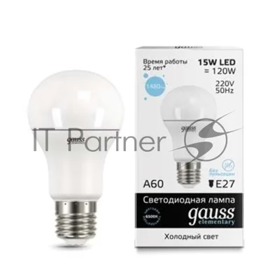 Лампа светодиодная LED Gauss Elementary A60 15Вт E27 6500К