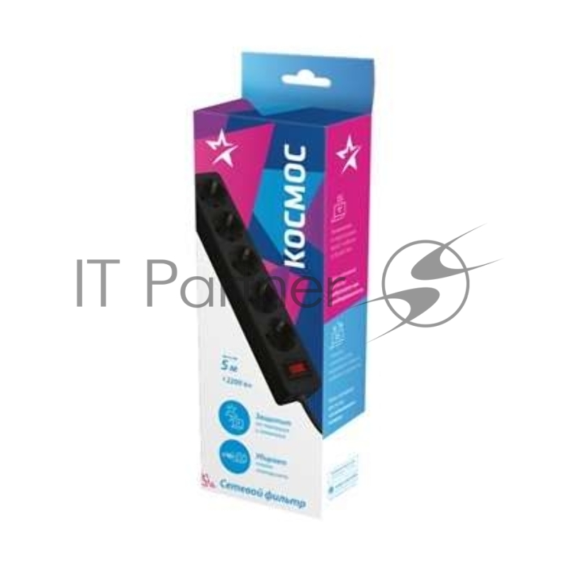 Удлинитель с сетевым фильтром Космос 5х5 м с заземл. 10А IP20 2.2 кВт 3х0.75 индикатор сети черный