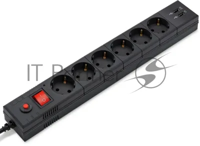 Удлинитель с сетевым фильтром 6х1.8 м с заземл. 10А IP20 BU-SP1.8 USB 2A CCA 3х0.75 2USB черный BURO 992310