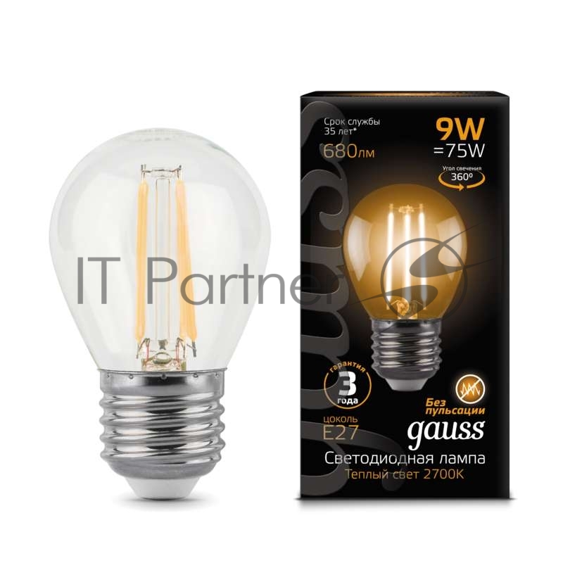 Лампа светодиодная Filament Шар E27 9Вт 2700К Gauss 105802109