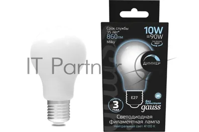 Лампа светодиодная Gauss Filament A60 E27 10Вт 4100К OPAL диммир