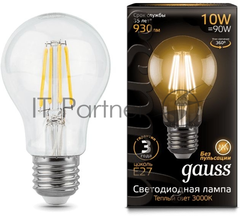 Лампа светодиодная Gauss Filament A60 E27 10Вт 2700К