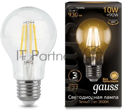 Лампа светодиодная Gauss Filament A60 E27 10Вт 2700К