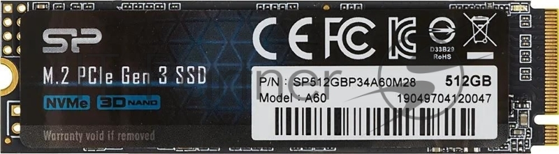Накопитель SSD Silicon Power P34A60, 512Gb, M.2 2280, PCIe 3.0 x4, NVMe, R/W 2200/1600