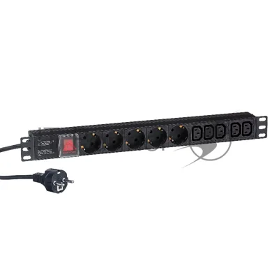 Блок розеток горизонтальный ExeGate ServerPro PDU-19H009 Al-5C135S-EU2.5-SW, 19", 1U, Алюминий, 5 IEC 320 C13, 5 Schuko, кабель с евровилкой VDE-250V-16A-3*1.5мм2, 2.5 метра, выкл. с подсветкой, черный