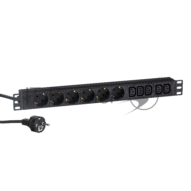 Блок розеток горизонтальный ExeGate ServerPro PDU-19H011 Al-5C136S-EU2.5, 19", 1U, Алюминий, 5 IEC 320 C13, 6 Schuko,кабель с евровилкой VDE-250V-16A-3*1.5mm2, 2.5 метра, черный