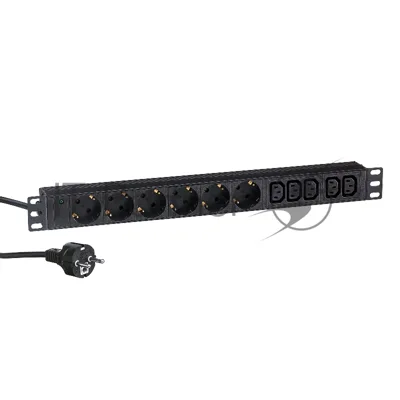 Блок розеток горизонтальный ExeGate ServerPro PDU-19H011 Al-5C136S-EU2.5, 19", 1U, Алюминий, 5 IEC 320 C13, 6 Schuko,кабель с евровилкой VDE-250V-16A-3*1.5mm2, 2.5 метра, черный