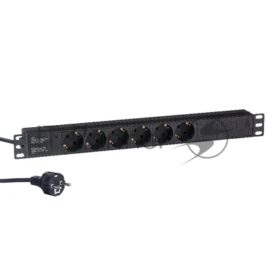 Блок розеток горизонтальный ExeGate ServerPro PDU-19H602 Al-6S-EU2, 19", 1U, Алюминий, 6 Schuko, кабель с евровилкой VDE-250V-16A-3*1.5мм2, 2метра, черный