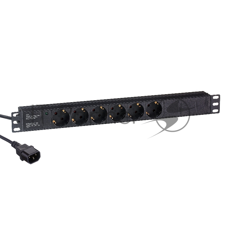 Блок розеток горизонтальный ExeGate ServerPro PDU-19H604 Al-6S-C14-2.5, 19", 1U, Алюминий, 6 Schuko, кабель с вилкой C14 VDE-250V-10A-3*1.5мм2, 2.5 метра, черный