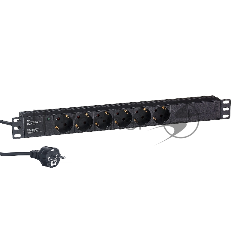 Блок розеток горизонтальный ExeGate ServerPro PDU-19H603 Al-6S-EU2.5, 19", 1U, Алюминий, 6 Schuko, кабель с евровилкой VDE-250V-16A-3*1.5мм2, 2.5 метра, черный