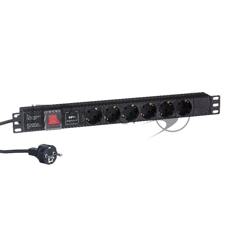 Блок розеток горизонтальный ExeGate ServerPro PDU-19H608 Al-6S-EU2-SW-SPD1, 19", 1U, Алюминий, 6 Schuko, кабель с евровилкой VDE-250V-16A-3*1.5мм2, 2 метра, выкл. с подсветкой, SPD1, черный