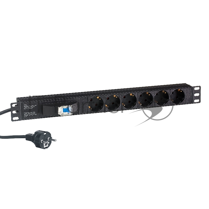 Блок розеток горизонтальный ExeGate ServerPro PDU-19H610 Al-6S-EU2.5-1P, 19", 1U, Алюминий, 6 Schuko, кабель с евровилкой VDE-250V-16A-3*1.5мм2, 2.5 метра, защита от перегрузки, черный