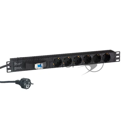 Блок розеток горизонтальный ExeGate ServerPro PDU-19H610 Al-6S-EU2.5-1P, 19", 1U, Алюминий, 6 Schuko, кабель с евровилкой VDE-250V-16A-3*1.5мм2, 2.5 метра, защита от перегрузки, черный