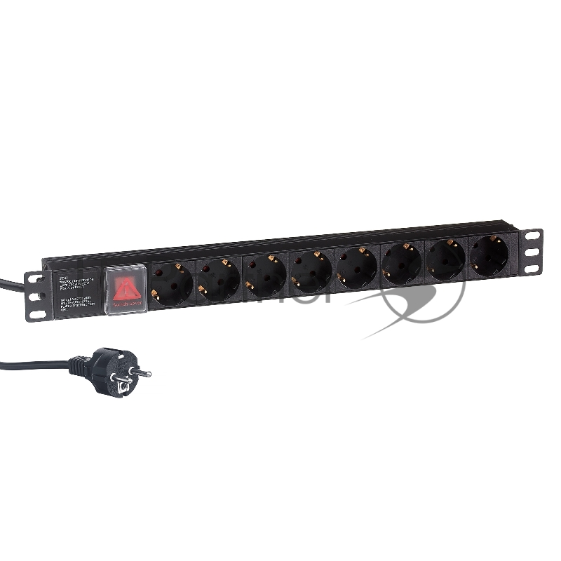 Блок розеток горизонтальный ExeGate ServerPro PDU-19H802 Al-8S-EU1.8-SW, 19", 1U, Алюминий, 8 Schuko, кабель с евровилкой VDE-250V-16A-3*1.5мм2, 1.8 метра, выкл. с подсветкой, черный