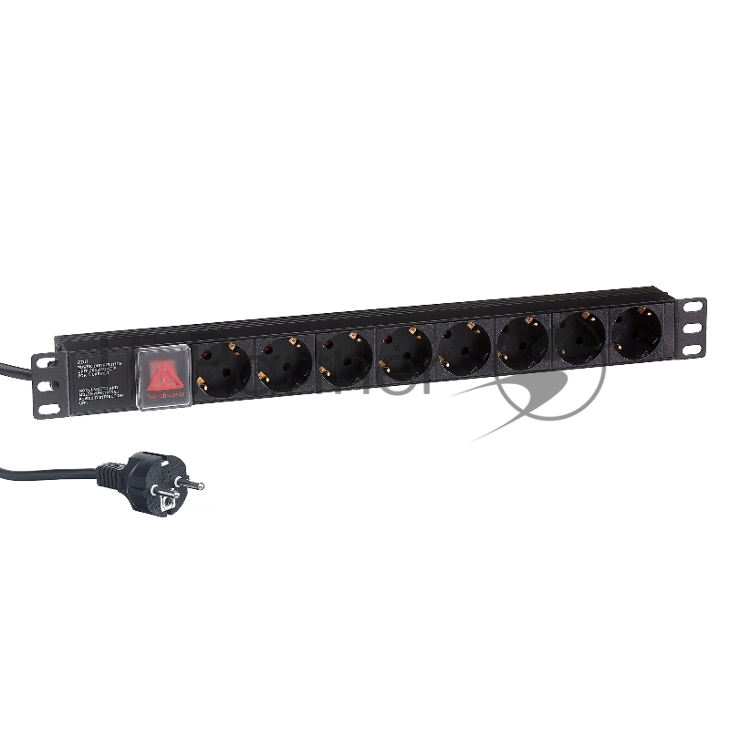 Блок розеток горизонтальный ExeGate ServerPro PDU-19H803 Al-8S-EU2-SW, 19", 1U, Алюминий, 8 Schuko, кабель с евровилкой VDE-250V-16A-3*1.5мм2, 2 метра, выкл. с подсветкой, черный