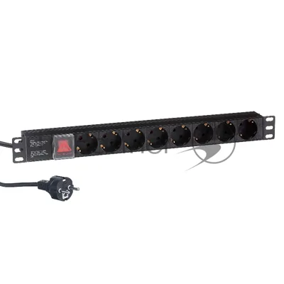Блок розеток горизонтальный ExeGate ServerPro PDU-19H803 Al-8S-EU2-SW, 19", 1U, Алюминий, 8 Schuko, кабель с евровилкой VDE-250V-16A-3*1.5мм2, 2 метра, выкл. с подсветкой, черный