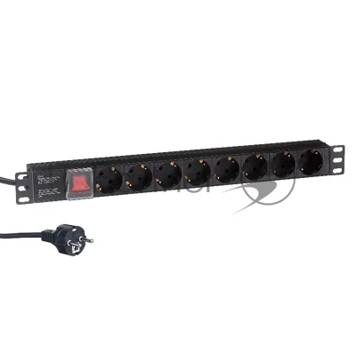 Блок розеток горизонтальный ExeGate ServerPro PDU-19H804 Al-8S-EU2.5-SW, 19", 1U, Алюминий, 8 Schuko, кабель с евровилкой VDE-250V-16A-3*1.5мм2, 2.5 метра, выкл. с подсветкой, черный