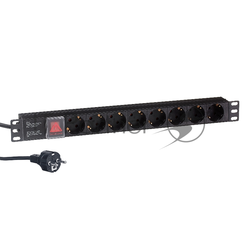 Блок розеток горизонтальный ExeGate ServerPro PDU-19H805 Al-8S-EU3-SW, 19", 1U, Алюминий, 8 Schuko, кабель с евровилкой VDE-250V-16A-3*1.5мм2, 3 метра, выкл. с подсветкой, черный
