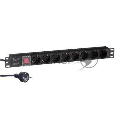 Блок розеток горизонтальный ExeGate ServerPro PDU-19H805 Al-8S-EU3-SW, 19", 1U, Алюминий, 8 Schuko, кабель с евровилкой VDE-250V-16A-3*1.5мм2, 3 метра, выкл. с подсветкой, черный