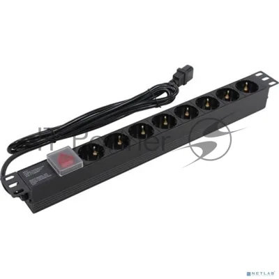 Блок розеток горизонтальный ExeGate ServerPro PDU-19H806 Al-8S-C14-3-SW, 19", 1U, Алюминий, 8 Schuko, кабель с вилкой C14 VDE-250V-10A-3*1.5мм2, 3 метра, выкл. с подсветкой SPD1, черный