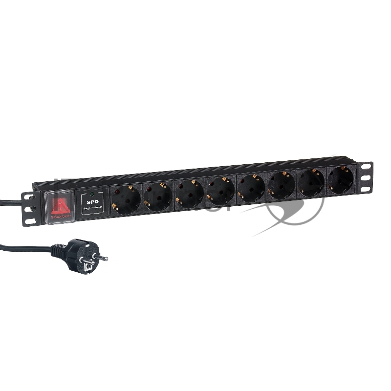 Блок розеток горизонтальный ExeGate ServerPro PDU-19H807 Al-8S-EU2-SW-SPD1, 19", 1U, Алюминий, 8 Schuko, кабель с евровилкой VDE-250V-16A-3*1.5мм2, 2 метра, выкл. с подсветкой, SPD1, черный