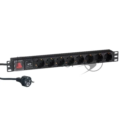 Блок розеток горизонтальный ExeGate ServerPro PDU-19H807 Al-8S-EU2-SW-SPD1, 19", 1U, Алюминий, 8 Schuko, кабель с евровилкой VDE-250V-16A-3*1.5мм2, 2 метра, выкл. с подсветкой, SPD1, черный