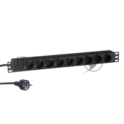 Блок розеток горизонтальный ExeGate ServerPro PDU-19H903 Al-9S-EU2, 19", 1U, Алюминий, 9 Schuko, кабель с евровилкой VDE-250V-16A-3*1.5мм2, 2 метра, черный