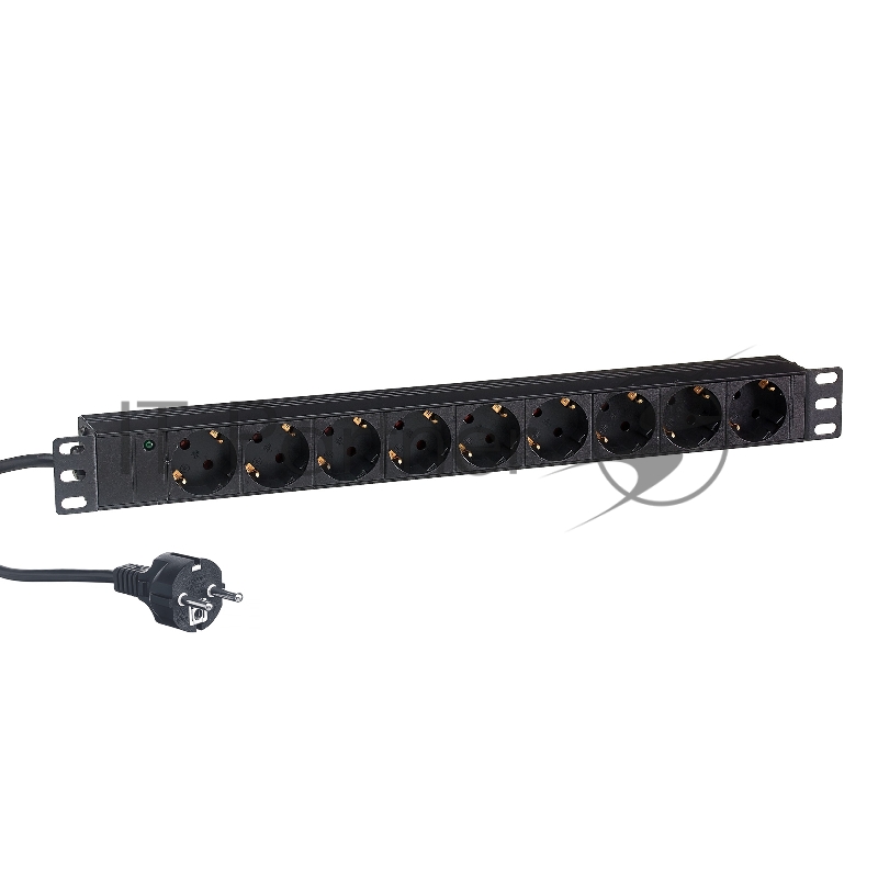 Блок розеток горизонтальный ExeGate ServerPro PDU-19H904 Al-9S-EU2.5, 19", 1U, Алюминий, 9 Schuko, кабель с евровилкой VDE-250V-16A-3*1.5мм2, 2.5 метра, черный