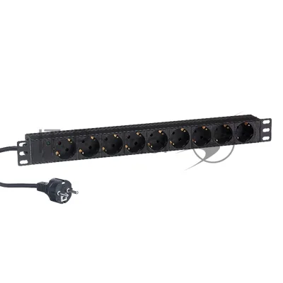Блок розеток горизонтальный ExeGate ServerPro PDU-19H904 Al-9S-EU2.5, 19", 1U, Алюминий, 9 Schuko, кабель с евровилкой VDE-250V-16A-3*1.5мм2, 2.5 метра, черный