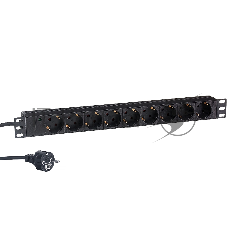 Блок розеток горизонтальный ExeGate ServerPro PDU-19H905 Al-9S-EU3, 19", 1U, Алюминий, 9 Schuko, кабель с евровилкой VDE-250V-16A-3*1.5мм2, 3 метра, черный