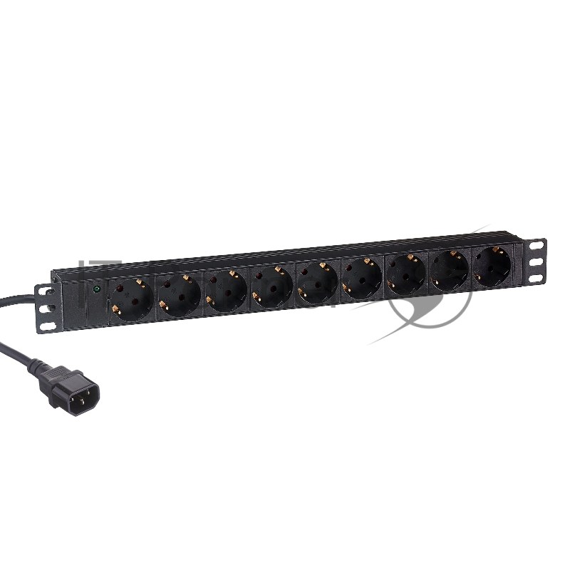 Блок розеток горизонтальный ExeGate ServerPro PDU-19H906 Al-9S-C14-2.5, 19", 1U, Алюминий, 9 Schuko, кабель с вилкой C14 VDE-250V-10A-3*1.5мм2, 2.5 метра, черный