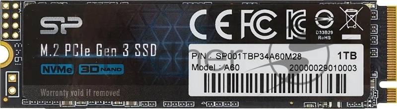 Накопитель SSD Silicon Power P34A60, 1Tb, PCIe 3.0 x4, M.2 2280, NVMe, R/W 2200/1600