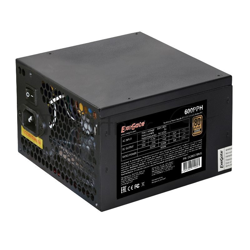 Блок питания ExeGate 600PPH RTL (EX280578RUS), 600Вт, 80 PLUS Bronze, 120мм, черный