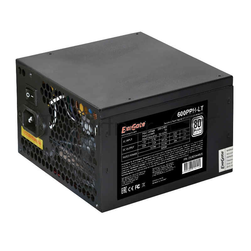 Блок питания ExeGate 600PPH-LT (EX282044RUS), 600Вт, 80 PLUS, 120мм, черный