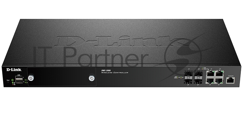 Беспроводной контроллер D-Link DWC-2000/A2A, WLAN Controller with 4 100/1000Base-T/combo-SFP ports, manage up to 64/256 Unified APs. 4x 10/100/1000 BASE-T GE/SFP Ports, 2x USB 2.0 Ports, Slot for hard disk drive module, 1x